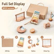 6PCS Wooden Musical Instrument Toy Set, Xylophone, Wind Chime & Rattle Toys With Gift Box, Interactive Sound Play Toy Gift - Beige - View 2