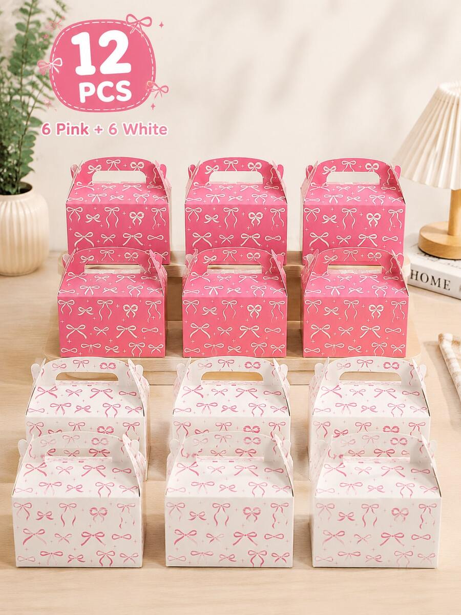 12 Buah Kotak Kado Pesta Motif Pita Merah Muda dan Putih dengan Pegangan, Set Besar untuk Ulang Tahun, Pernikahan, Acara Baby Shower, Kotak Hadiah Permen dan Makanan Penutup - Kotak Hadiah Pita - View 1