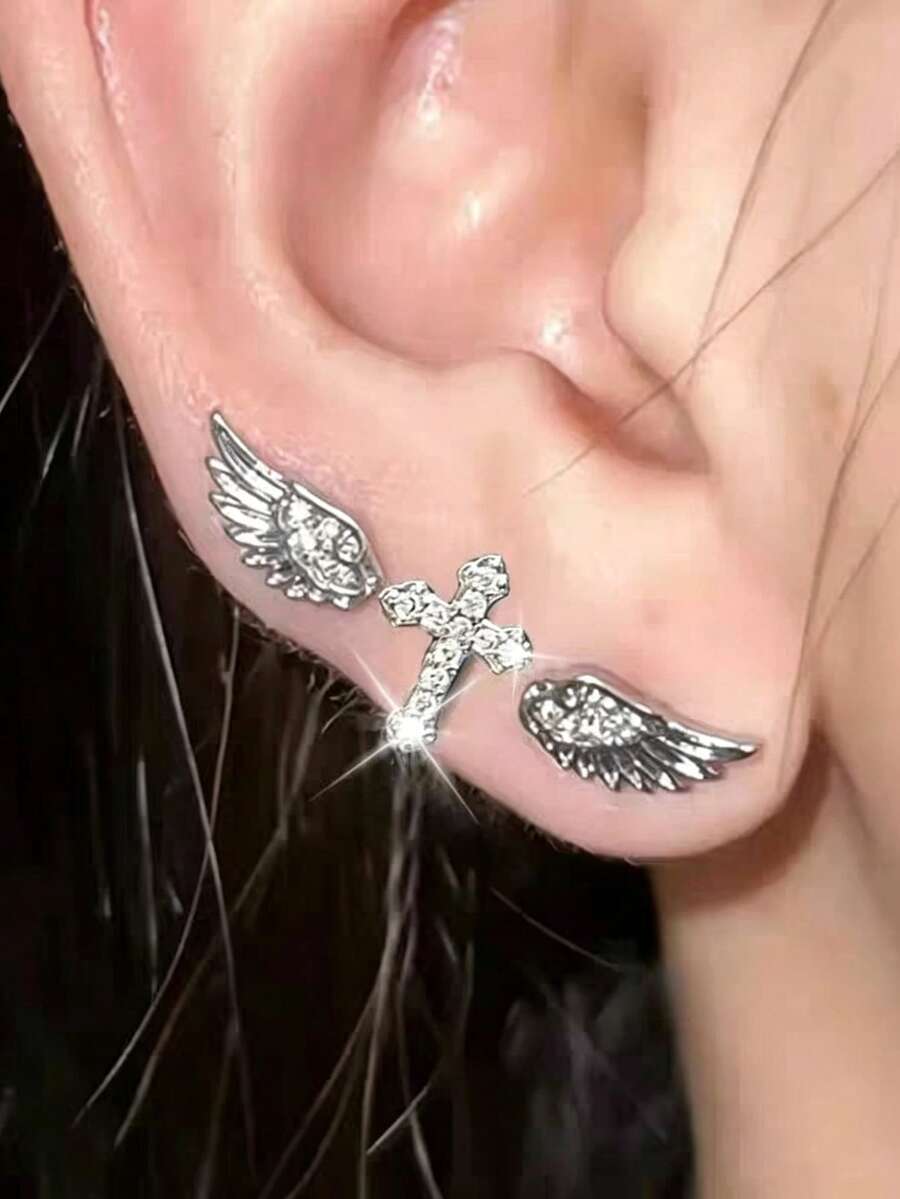 3pcs Delicate Fashionable Versatile Charming Rhinestone Cross Wing Stud Earrings, Suitable For Women's Daily, Festival, Party Wear - Cross Wings - View 1