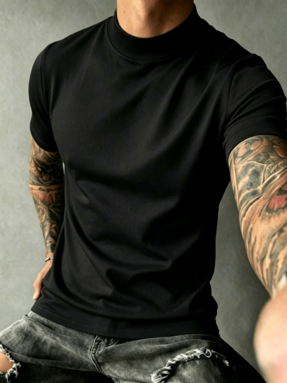 Men's Casual Versatile Daily Commute Solid Color Turtleneck Short Sleeve T-Shirt
