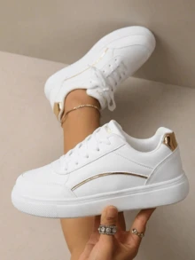 Women's Fashionable Versatile Outdoor White Lightweight Lace-Up Round-Toe Flat-Heel Anti-Slip Comfortable Casual Shoes Sneakers Running Shoes, Sizes 36-43 - 白金 - 查看 5