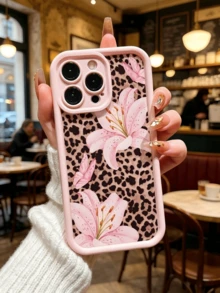 1件時尚豹紋百合花手機殼，適用於 iPhone 17 16 15 14 13 12 11 系列，鑽石沙軟殼保護殼 - 粉色 - 查看 3