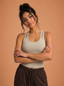 Never me Women's Sports Tank Top With Removable Padding, U-Neck Racerback, Slim Fit Running Fitness Sports Bra - Khaki - View 3