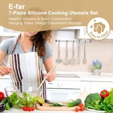 7-Piece Silicone Cookware Set, Heat-Resistant Kitchen Utensils With Stainless Steel Handles, Slotted Turner, Spoon, Ladle, Pasta Server, Skimmer, Tongs, Non-Stick Spatula - Khaki - View 6