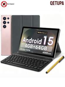 Qetupa Tablet 10,1 inci, Android 15 dengan RAM 4GB + ROM 64GB (Dapat diperluas hingga 1TB), Octa-Core, Layar Sentuh IPS HD 1280x800, Kamera Ganda 5MP+13MP, Baterai 6000mAh, Wifi 5, BT 5, Widevine L1, Tablet Dilengkapi Keyboard, Casing Pelindung, dan Stylus (Tanpa Adaptor) - Emas - View 1
