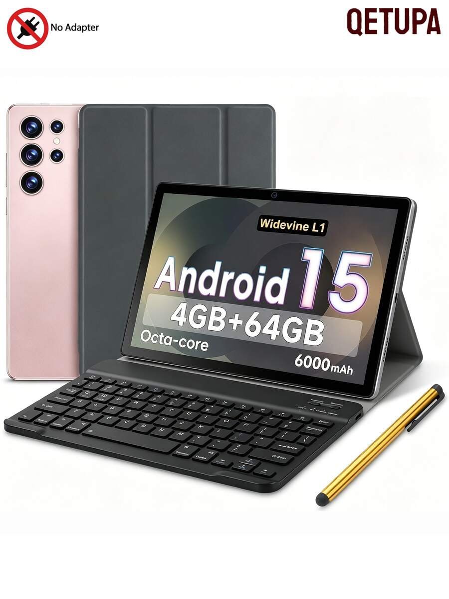 Qetupa Tablet 10,1 inci, Android 15 dengan RAM 4GB + ROM 64GB (Dapat diperluas hingga 1TB), Octa-Core, Layar Sentuh IPS HD 1280x800, Kamera Ganda 5MP+13MP, Baterai 6000mAh, Wifi 5, BT 5, Widevine L1, Tablet Dilengkapi Keyboard, Casing Pelindung, dan Stylus (Tanpa Adaptor) - Emas - View 1
