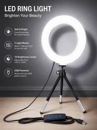 Lampu Ring Mini 6 Inci dengan Tripod yang Dapat Diperpanjang, Lampu Rias, Lampu Pengisi Meja, Lampu Pengisi Wajah Dalam Ruangan untuk Fotografi, Lampu Pengisi Fotografi Ponsel dengan Stand, Lampu Pengisi 6 Inci yang Dapat Diatur Multi-Level 3 Warna + Stand, Portabel dan Dapat Diperpanjang, Cocok untuk Berbagai Pemotretan dan Perekaman Pesta