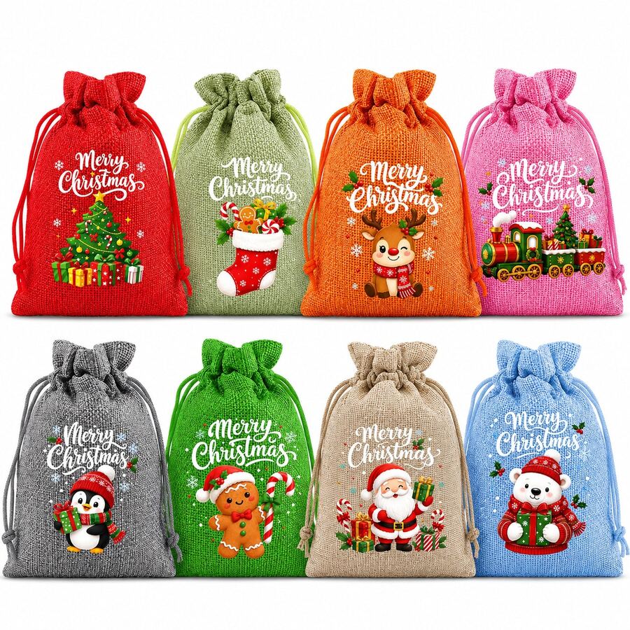 Set 16 Tas Kado Linen Natal Warna-warni, Kantong Serut Santa Claus, Cocok untuk Kado Pesta Liburan dan Penyimpanan Perhiasan, Sempurna untuk Perlengkapan Pesta Natal dan Tahun Baru - 10x14cm - View 1