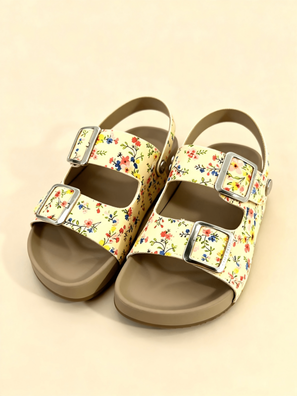 1 Pair Cream Fresh Floral Girls' Sandals, Wide Round Toe, Double Metal Buckle, Adjustable Back Strap, Soft Sole, Anti-Slip, Lightweight, Forest Style, Korean Style, Vacation Casual, Open Toe, Children's Sandals, Summer New 2026, Suitable For 3-12 Years Old Girls, Kindergarten, Picnic, Outing, Daily Wear