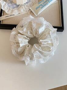 1pc 4-Layer Satin Floral Lace Faux Pearl Polka Dot Hair Scrunchie, Luxury Hair Tie, Hair Band, Spring/Summer Hair Accessory, Travel Accessory, Ponytail Hair Tie, Hair Scrunchie, Hair Band, Hair Tie, Elastic Hair Scrunchie - Multicolor - View 4