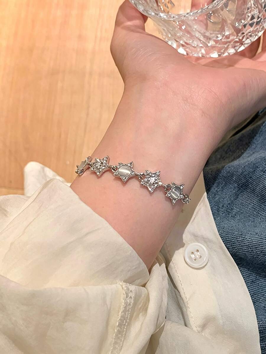 1件時尚亮面星星可調節拉鏈手鍊,精緻閨蜜手鍊飾品 - 銀色 - 查看 1