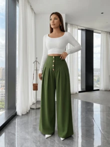 Women's Loose-Fitting Wide-Leg Pants, Solid Color, With Front Buttons And Pleats, Sizes S, M, L - Army Green - View 3