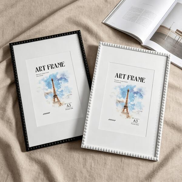 1pc A3 Photo Frame, Black And White Pearl Trim Decorative Frame, Vintage Bubble Border Art Frame, Wall-Mounted Display, Home Gallery Wall Decor