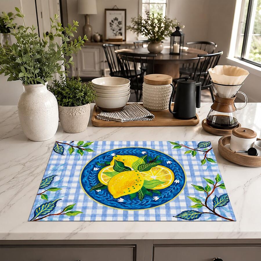 1pc, Home Decor, Lemon Plaid Pattern Printed Dish Drying Mat, Coffee Machine Absorbent Mat, Sink Drain Mat, Cup Absorbent Mat, Kitchen Supplies, Bathroom Supplies, Kitchen Countertop Decor - Multicolor - View 1