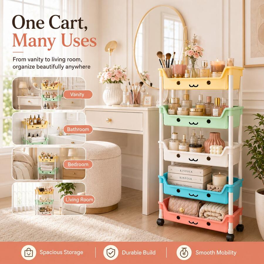 5-Tier Colorful Rolling Storage Cart With Wheels, Multi-Purpose Plastic Utility Organizer, Mobile Storage Rack For Bedroom, Bathroom, Living Room, Dorm, Office, Books, Beauty Supplies, Home Decor & Everyday Organization