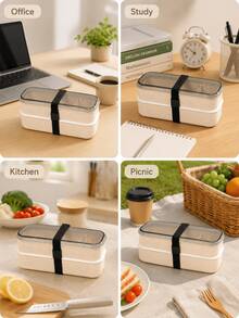Double-Layer Wheat Straw Divided Bento Box With Elastic Band, Transparent Lid, Large Capacity, Microwave , Suitable For Office Commute, Students, Picnic And Spring Outings - Multicolor - View 11
