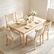 French Country Dining Chairs Set Of 2, Beige Farmhouse Woven Back Kitchen Chairs, Boho Linen Upholstered Solid Wood Accent Chairs, Dining Room Furniture - Beige - View 4