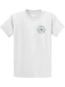 Gráfico de surfista cabalgando una ola dentro de un emblema octogonal que evoca libertad marina y aventura camiseta de hombre cómoda casual - Blanco - Ver 1