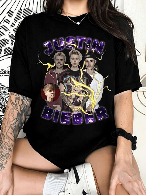 Koszulka dla fanów J-Justina, B-Biebera, Multi Portrait, żółta, fioletowa, z bąbelkami, vintage, pop, muzyka, grafika, duży rozmiar, unisex, czarny