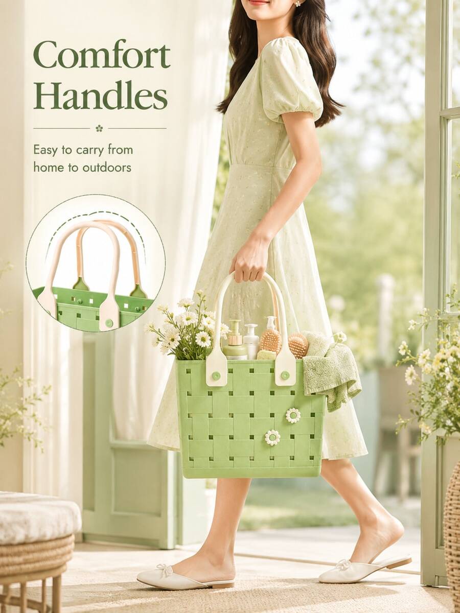 Floral Print Rubber Beach Tote Bag, Made Of Durable Material And Soft Handle; Suitable For Storing Bath Supplies, Shopping Items, Camping Gear, Etc., A Reusable Multi-Functional Storage Bag, Perfect For Home Use And Travel
