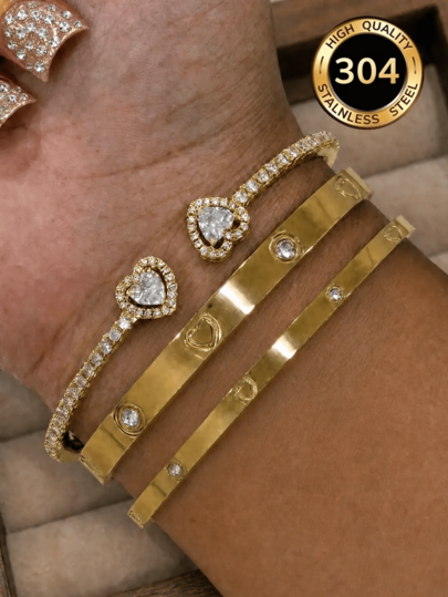 1/3 chiếc vòng tay hình trái tim mạ vàng 18K bằng thép không gỉ đính đá rhinestone, đồng hình trái tim khảm đá Cubic Zirconia, phù hợp cho nữ đeo hàng ngày, làm quà tặng