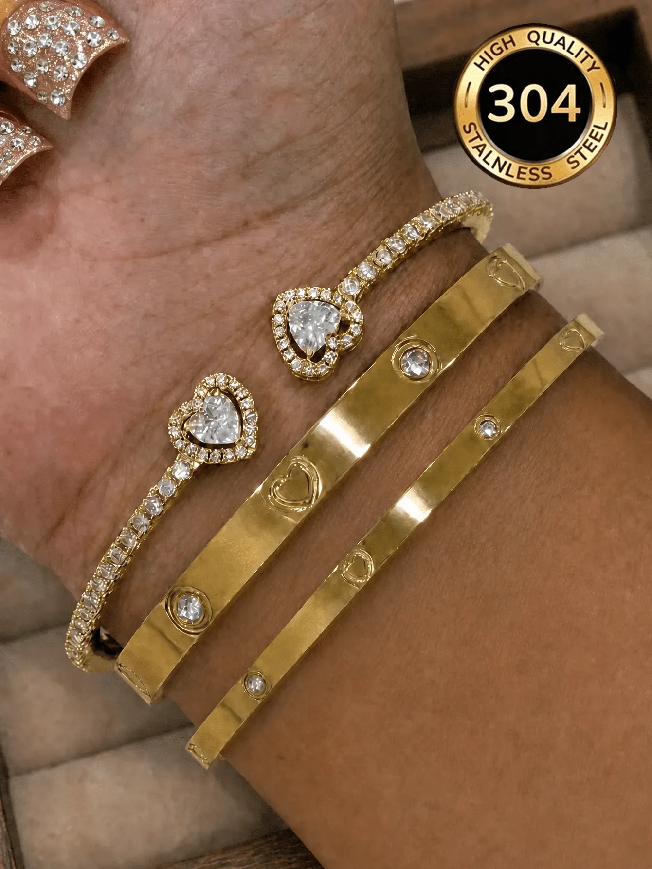 1/3 Stücke Edelstahl 18K vergoldetes Herz Strass Armband, Herz Kupfer mit Zirkonia eingelegt, geeignet für den täglichen Gebrauch von Frauen, Geschenk - Gold - Übersicht 1