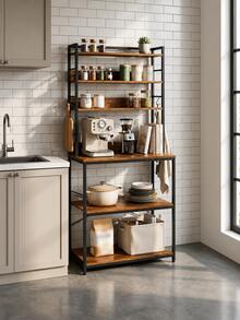  Estantería de Cocina de 6 Niveles, Estantería para Microondas con 6 Ganchos, Organizador de Panadería con Marco de Acero Industrial, 80 x 40 x 173 cm, Marrón Rústico - Marrón - Ver 7