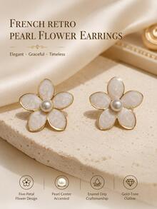 1 Pair Bohemian French Style Gentle Commute Luxury 316 Stainless Steel Gold-Plated Women's Earrings 2.5cm*2.5cm Pearlescent White Textured Five-Petal Flower Center Faux Pearl Stud Earrings For Women Workplace Spring Date Party Versatile Birthday Gift Back To School Season - Multicolor - View 5