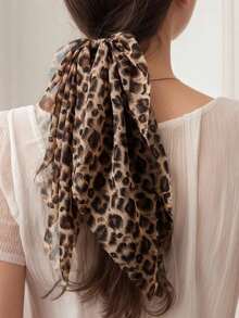 1pc Women's Chiffon Leopard Print Hair Scrunchie With Ribbon, Casual Ponytail Beach Vacation Photo Styling - Multicolor - View 1