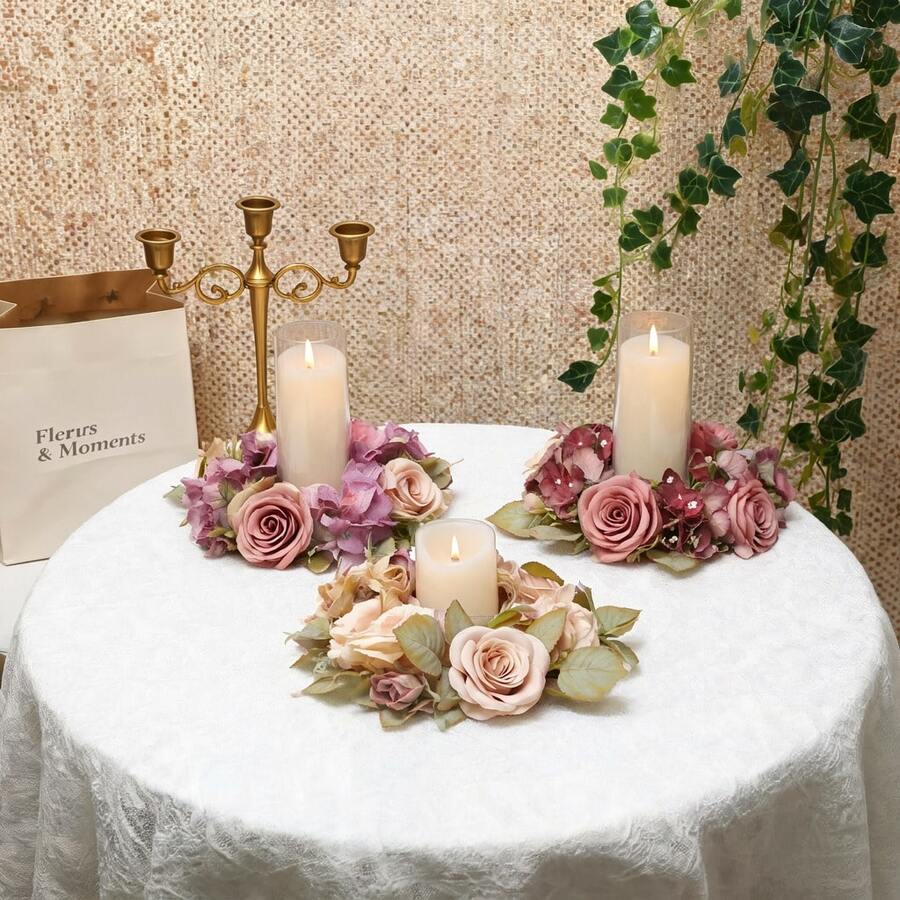 1pc/2pcs Wedding Candle Holder Garland Artificial Rose Candle Ring Wedding Table Decor Silk Candle Home Centerpiece Party Decoration Gift Birthday Graduation - View 1
