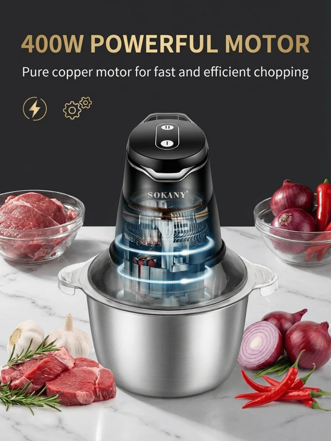 SOKANY 06028 Penggiling Daging Multifungsi, Pengolah Makanan, Dapat Mengolah Berbagai Bahan, Pengoperasian Sekali Sentuh, Kontrol 2 Kecepatan, Motor Bertenaga 400W, Cocok Untuk Penggunaan Rumah Tangga Sehari-hari - Hitam - View 1