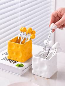 1pc Cheese-Shaped Fruit Fork Storage Rack, Square Tableware Storage Holder, Cute Dessert Fork Organizer, Suitable For Kitchen Countertop, Creative Kitchen Storage Decor, Forks Not Included - Multicolor - View 2