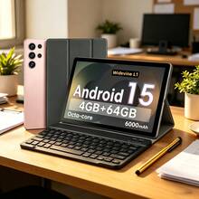 Qetupa Tablet 10,1 inci, Android 15 dengan RAM 4GB + ROM 64GB (Dapat diperluas hingga 1TB), Octa-Core, Layar Sentuh IPS HD 1280x800, Kamera Ganda 5MP+13MP, Baterai 6000mAh, Wifi 5, BT 5, Widevine L1, Tablet Dilengkapi Keyboard, Casing Pelindung, dan Stylus (Tanpa Adaptor) - Emas - View 10