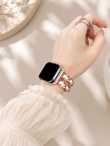 新款PU皮革拼接表带，兼容38mm、40mm、41mm、42mm、44mm、45mm、46mm、49mm手表，手工时尚表带，适用于SE、10、9、8、7、6、5、4、3、2、1系列手表。 - 玫瑰金白 - 查看 4