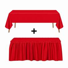 1 Set rechteckige Tischdecke & Tischrock, PEVA Kunststoff, ölbeständig, wasserdicht, fleckenresistent, Hochzeitsfeier Dekorationsset - Rot - Übersicht 7