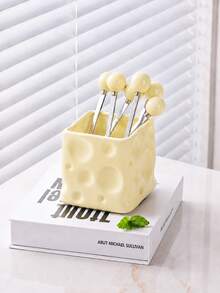 1pc Cheese-Shaped Fruit Fork Storage Rack, Square Tableware Storage Holder, Cute Dessert Fork Organizer, Suitable For Kitchen Countertop, Creative Kitchen Storage Decor, Forks Not Included - Multicolor - View 5