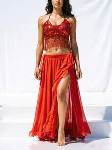 Atasan Crop Top Halter Berhiaskan Payet dan Rumbai untuk Tari Perut, Rok Maxi Chiffon Berpotongan Tinggi dengan Hiasan Perak untuk Pertunjukan Panggung & Karnaval - MultiWarna - View 1