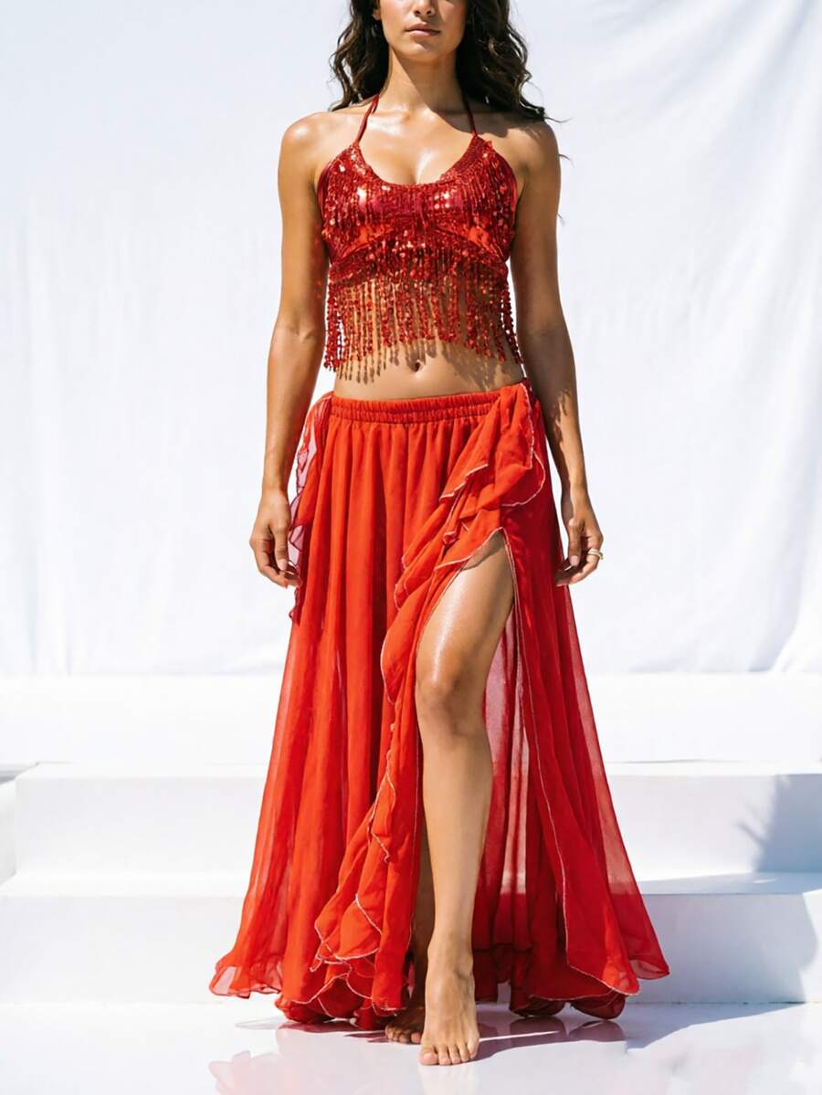 Atasan Crop Top Halter Berhiaskan Payet dan Rumbai untuk Tari Perut, Rok Maxi Chiffon Berpotongan Tinggi dengan Hiasan Perak untuk Pertunjukan Panggung & Karnaval - MultiWarna - View 1