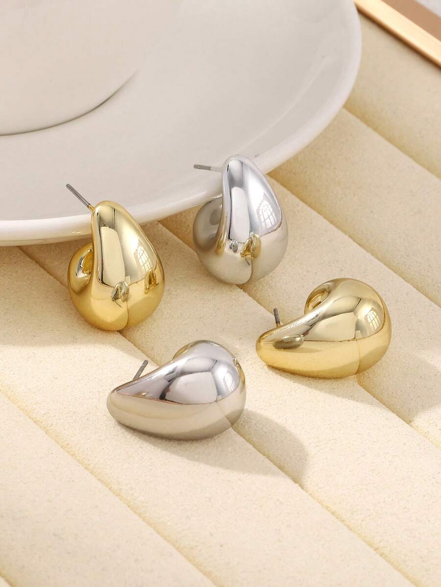 2 Pairs Multi-Color Thick Water Drop C-Shaped Stud Earrings Set, Polished Shiny Water Drop Curved Hollow Hoop Earrings, Minimalist Luxury Eye-Catching Ear Jewelry, Suitable For Women's Commute, Wedding, Party, Daily Wear, Perfect Gift - Multicolor - View 1
