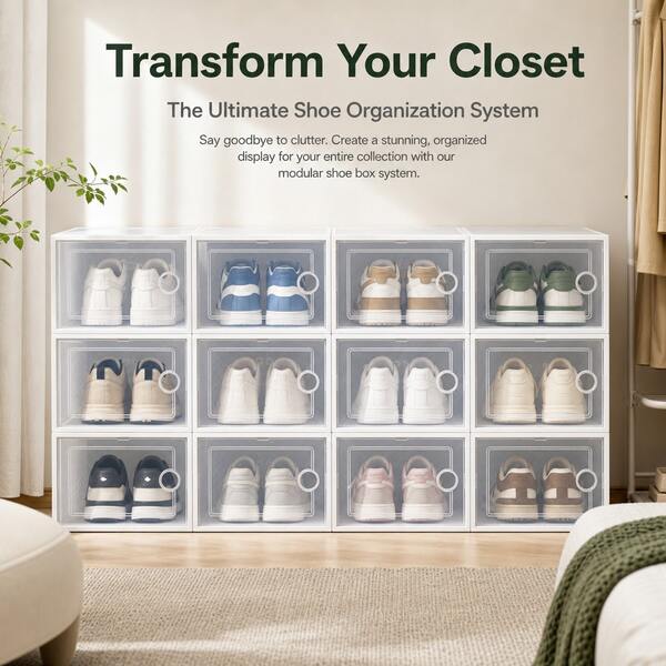 6/12/24pcs Stackable Shoe Storage Boxes, Clear Plastic Shoe Organizer, Dustproof & Foldable Shoe Containers For Sneakers/Heels, White/Black