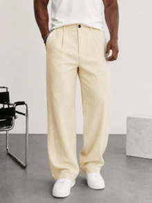 Blueprint Man 1pc Men's Long Pants, Apricot Linen Trousers With Drape, Loose Comfortable Breathable, Premium Practical Casual, Suitable For Commuting And Light Business - Apricot - View 9