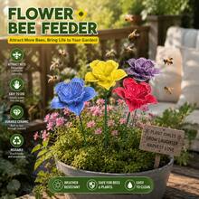 4 PIEZAS Comederos de cerámica multicolor hechos a mano, estacas decorativas para jardín al aire libre, bebederos para abejas con forma de flor, comederos para pájaros, abejas y mariposas - 4 piezas - Ver 4