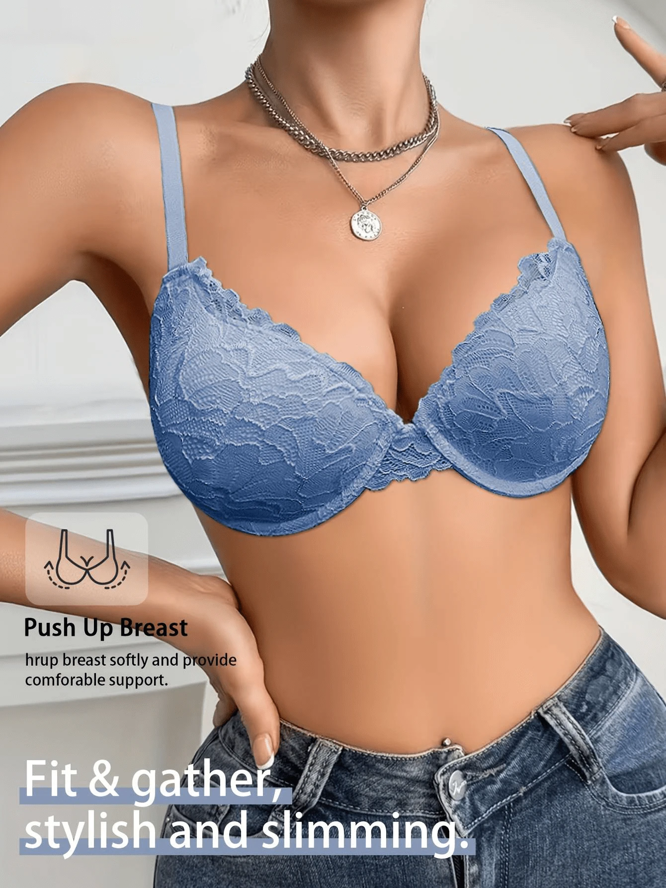 Women's Lace V-Neck Push-Up Bra, Hollow Cross-Back Design With Adjustable Shoulder Straps - Blue - View 1