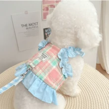 1件可愛清新格紋狗狗胸背帶附牽繩，戶外遛狗胸背帶 - 淺藍色 - 查看 8