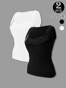 2pcs/Set Women's Ribbed Knit Camisole Tank Top, Lace Trim V-Neck Slim Fit, Casual Sleeveless Base Layer Tank - Multicolor - View 1