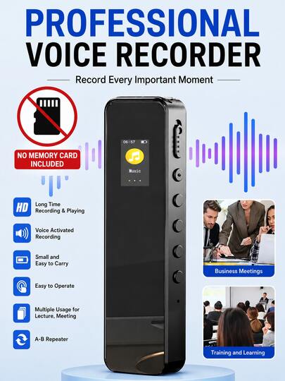 Portable Digital Voice Recorder With MP3 Playback & Noise Reduction, Playback Function, Equipped With Rechargeable 380mAh Battery, Suitable For Lectures And Meetings, Supports MP3 Music Playback(Memory Card Not Included)