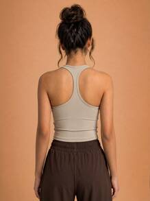 Never me Women's Sports Tank Top With Removable Padding, U-Neck Racerback, Slim Fit Running Fitness Sports Bra - Khaki - View 2