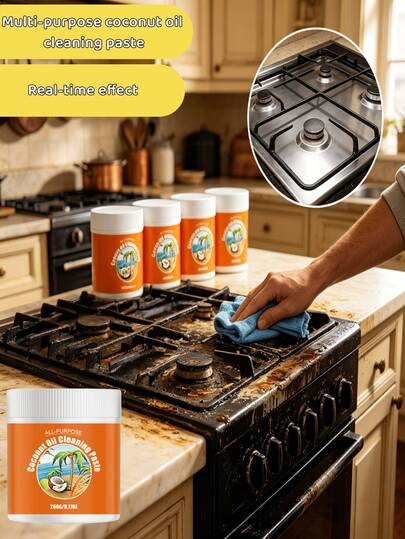 jakehoe Pâte de nettoyage multi-usage à l'huile de coco pour le nettoyage de la cuisine, convient pour la hotte, la cuisinière, la plaque à induction, le robinet, nettoyage en profondeur multi-effet de la saleté de surface, compatible avec divers matériaux pour un usage quotidien, répond aux besoins de nettoyage multi-scénarios, garde les surfaces propres sans résidu collant après utilisation, n'endommage pas le matériau de surface, maintient une bonne apparence des articles à long terme