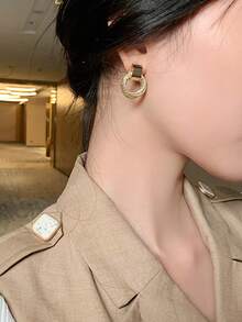 1對新娘鏤空圓形耳環，簡約時尚多層包覆耳釘，適合女性派對，情人節配件 - 金色 - 查看 5
