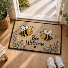 1pc Smiling Bee Pattern Welcome Doormat, Cute Cartoon Style Indoor/Outdoor Non-Slip Carpet, Machine Washable Stain-Resistant Absorbent Door Mat, Suitable For Kitchen, Dining Room, Hallway, Bathroom, Bedroom, Outdoor, Home Decor, Room Decor, Birthday Graduation Gift - Brown - View 1